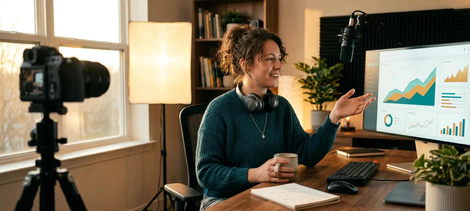 A creator at a warm home studio desk, mic and camera set, gesturing at a dashboard of rising charts