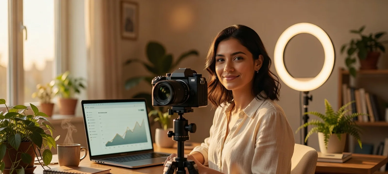 A creator recording at a warm home studio, a rising analytics chart on the laptop beside them