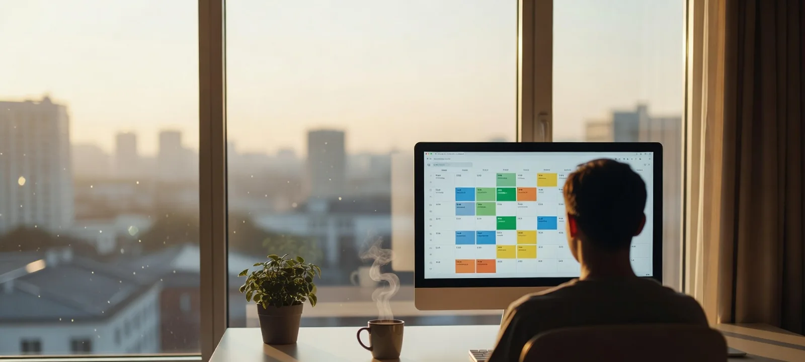 A calm morning workspace with a color-blocked weekly calendar glowing on the monitor