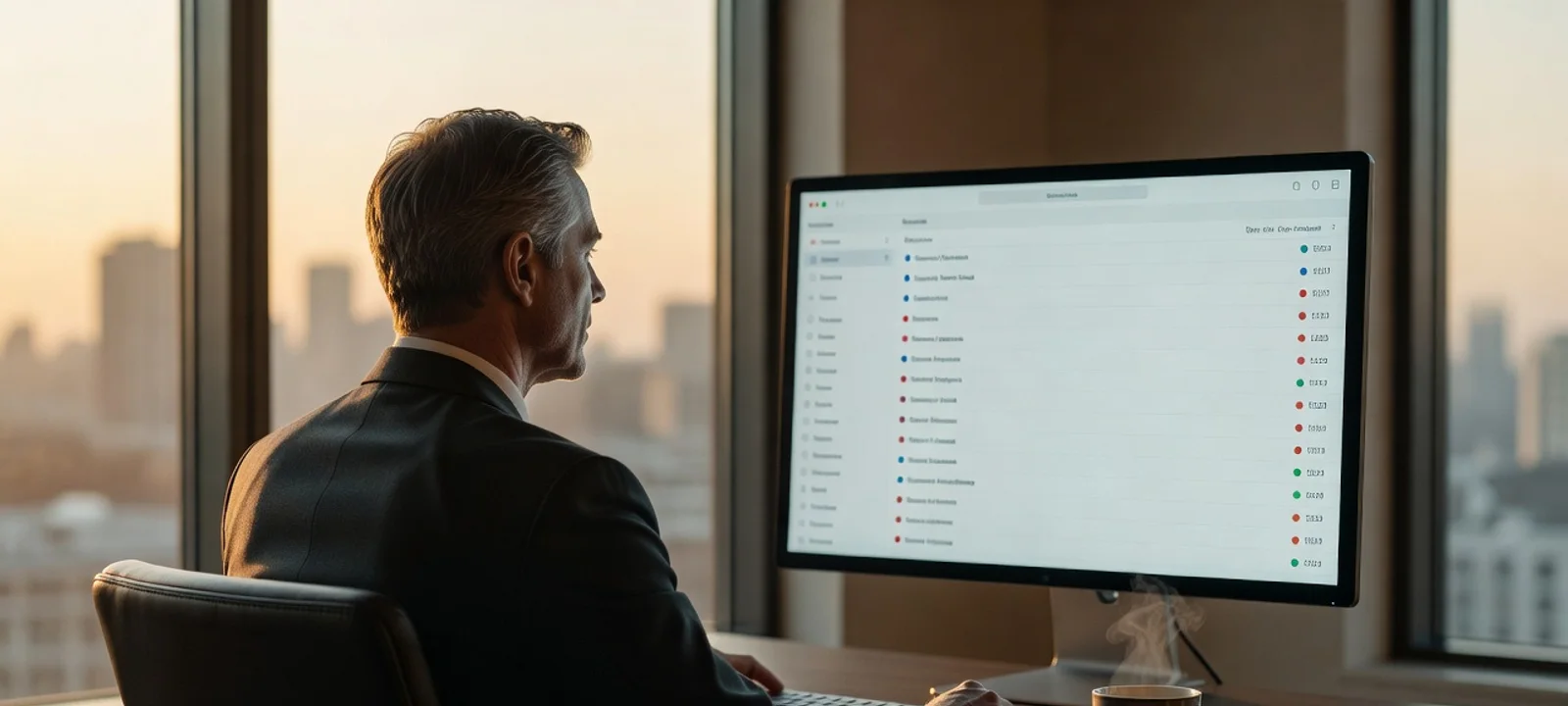 A professional at a desk by a city window at golden hour, a cleanly triaged inbox with priority dots on the monitor